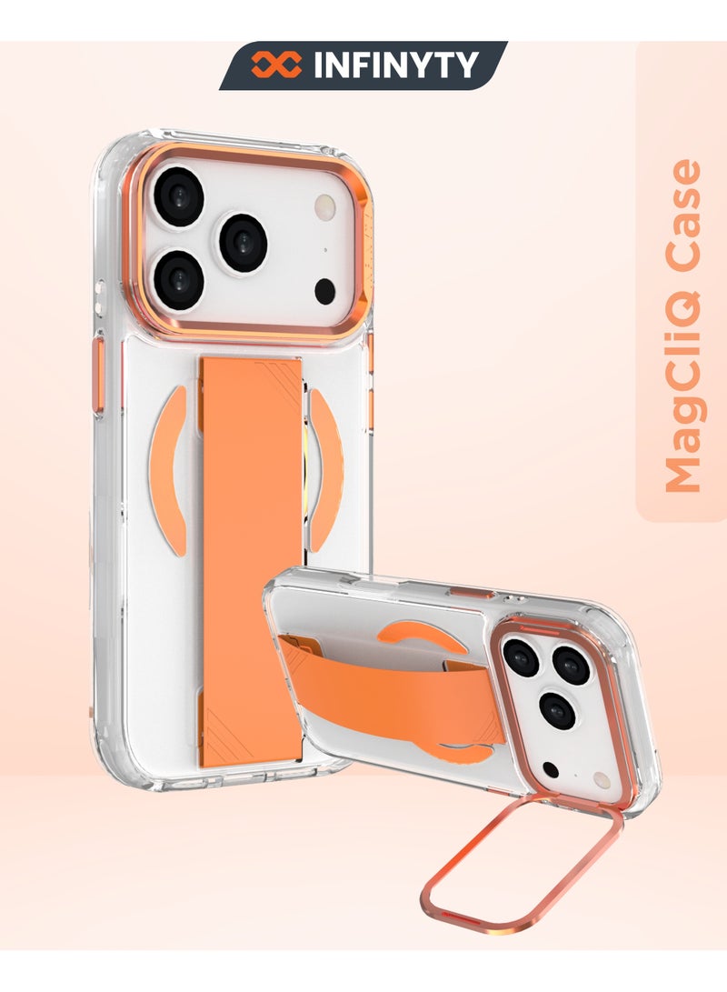 INFINYTY iPhone 17 Pro Clear Case with Soft Orange Grip & Metallic Camera Stand – Grypsta, Premium TPU+PC Build, Anti-Shock Corners, Metallic Buttons, MagSafe Compatible, Raised Camera and Screen Edges, Anti-Yellowing Coating, Durable, Long-Lasting Clarity - Image 1