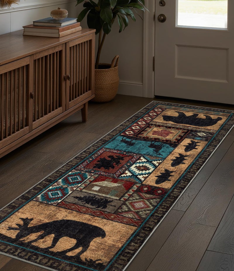 YIHOUSE Hallway Runner Rug 2x6 Indoor Door Mat - Bear Rustic Cabin Non-Slip Entryway Rug, Low Pile Tribal Print for Kitchen, Bedroom - Image 3