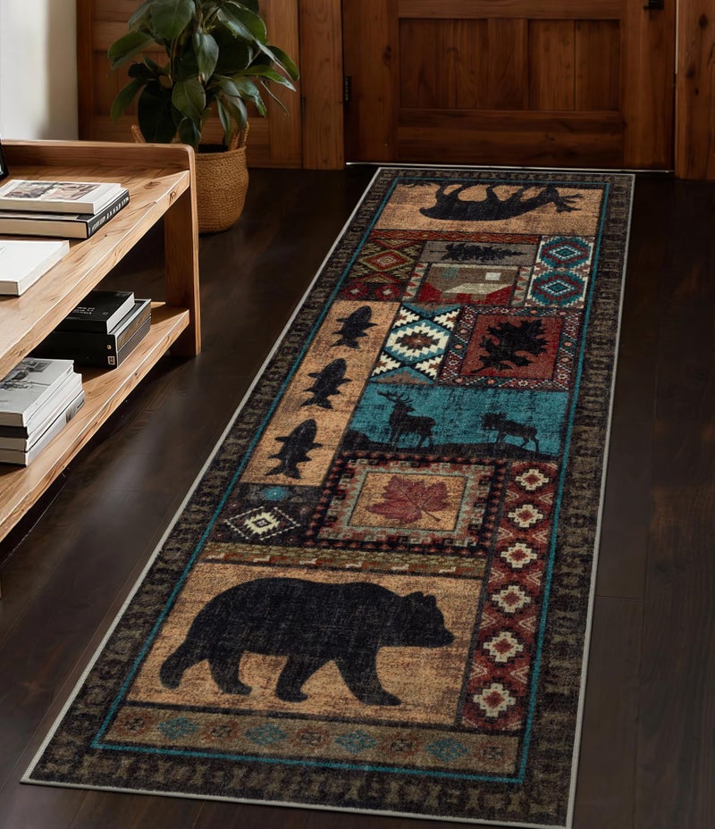 YIHOUSE Hallway Runner Rug 2x6 Indoor Door Mat - Bear Rustic Cabin Non-Slip Entryway Rug, Low Pile Tribal Print for Kitchen, Bedroom - Image 1