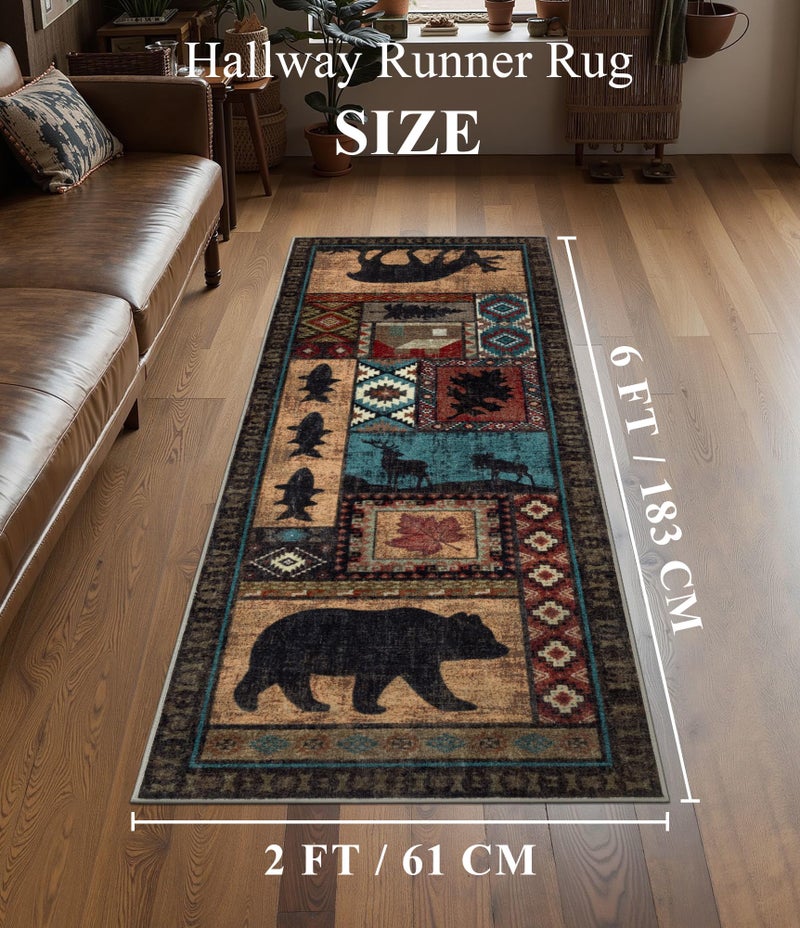 YIHOUSE Hallway Runner Rug 2x6 Indoor Door Mat - Bear Rustic Cabin Non-Slip Entryway Rug, Low Pile Tribal Print for Kitchen, Bedroom - Image 2