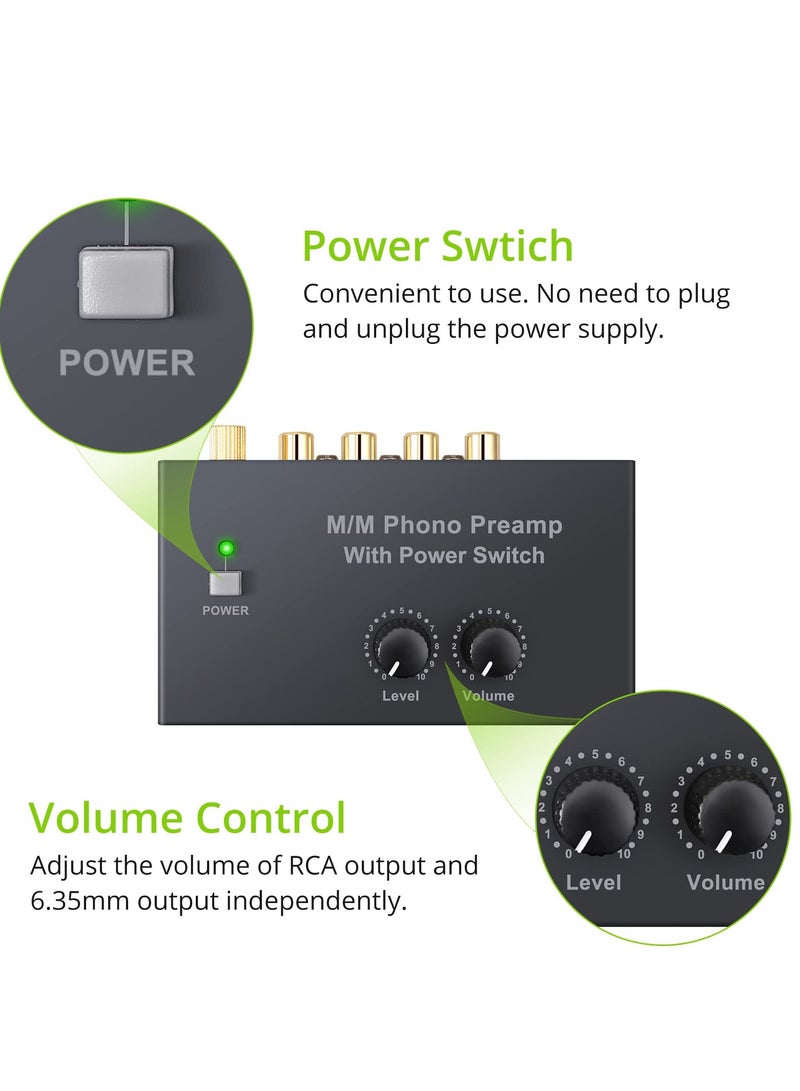 Barakah مضخم صوت فونو مدمج لأسطوانة MM، مضخم مع تحكم في الصوت ومفتاح طاقة، مدخل RCA إلى RCA ومخرج 1/4'' TRS، ضوضاء منخفضة مع محول طاقة معتمد DC 12V - Image 2