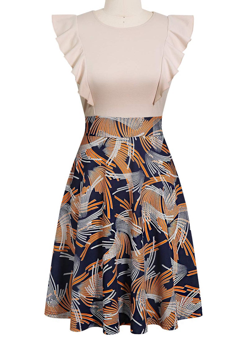YATHON Women's Vintage Ruffle Floral Flared A Line Swing Casual Cocktail Party Dresses (S, YT001-Beige Firework) - Image 3