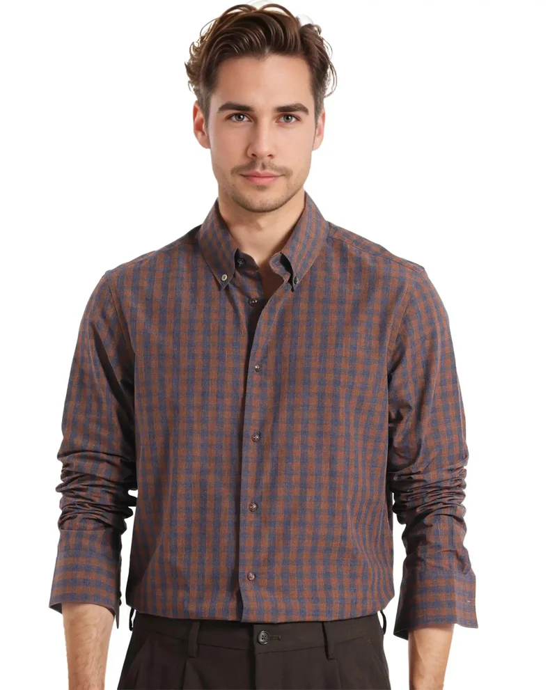 Rare Rabbit Rare Rabbit Men's Rettos Dark Brown Cotton Fabric Full Sleeve Collared Neck Regular Fit Checks Shirt