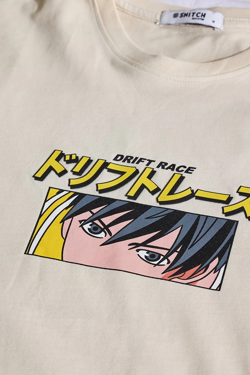 سنيتش Cream Graphic Half Sleeve Oversized Streetwear T-Shirt