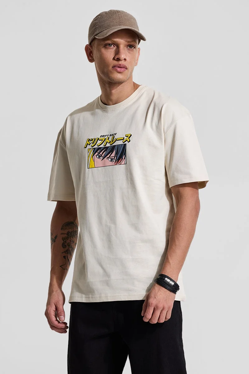 سنيتش Cream Graphic Half Sleeve Oversized Streetwear T-Shirt