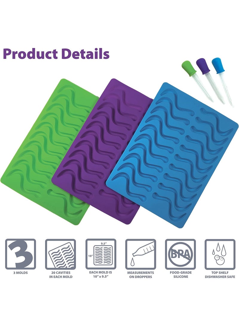 Better Kitchen Products منتجات مطبخ أفضل، 3 قطع، قوالب سيليكون على شكل ديدان جيلاتينية بـ 20 تجويف مع 3 قطارات متطابقة، بنفسجي، أزرق مائي وليموني - Image 2