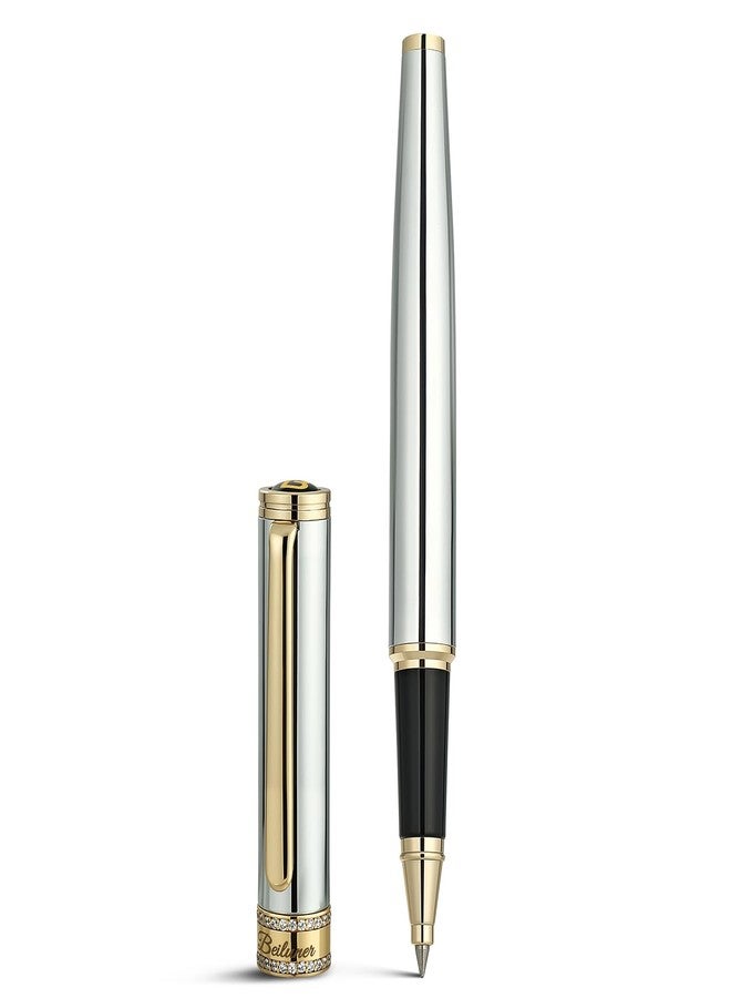 BEILUNER Silver Chrome Rollerball Pen, Diamond-Studded Cap Design, 24K Gold Trim, Noble and Elegant, Schneider Ink Refill, Best Pen Gift Set for Women & Men, Professional, Business Office, Nice Pens - Image 1