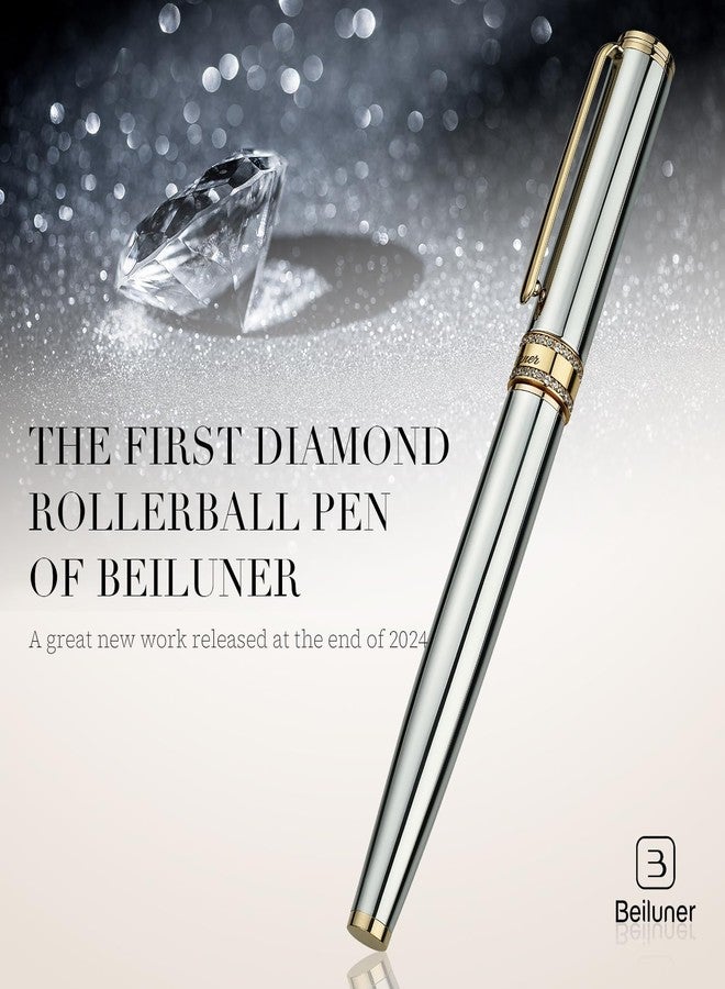 BEILUNER Silver Chrome Rollerball Pen, Diamond-Studded Cap Design, 24K Gold Trim, Noble and Elegant, Schneider Ink Refill, Best Pen Gift Set for Women & Men, Professional, Business Office, Nice Pens - Image 3
