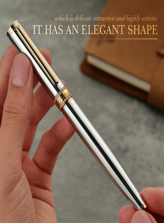 BEILUNER Silver Chrome Rollerball Pen, Diamond-Studded Cap Design, 24K Gold Trim, Noble and Elegant, Schneider Ink Refill, Best Pen Gift Set for Women & Men, Professional, Business Office, Nice Pens - Image 5