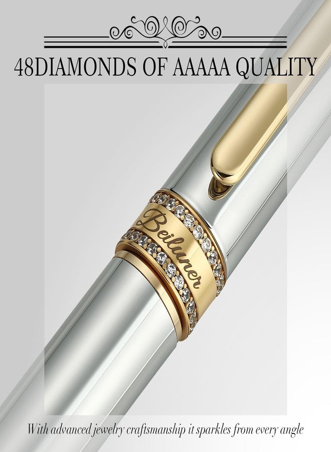 BEILUNER Silver Chrome Rollerball Pen, Diamond-Studded Cap Design, 24K Gold Trim, Noble and Elegant, Schneider Ink Refill, Best Pen Gift Set for Women & Men, Professional, Business Office, Nice Pens - Image 2