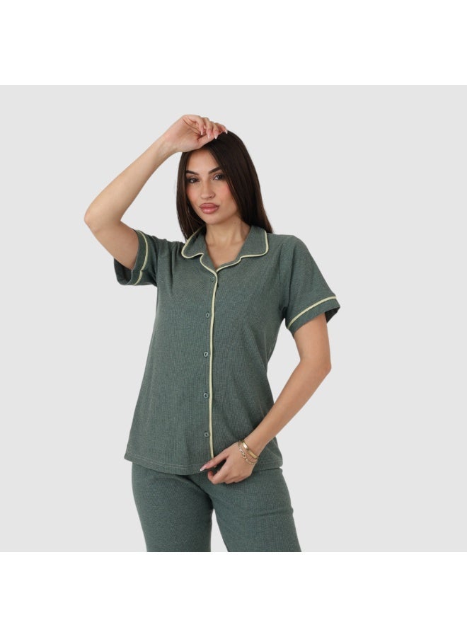 ZECOTEX Premium Cotton Pajama Set - Button-Down Short Sleeve Top & Pants - Classic Loungewear with Piping - Olive Green - Image 5