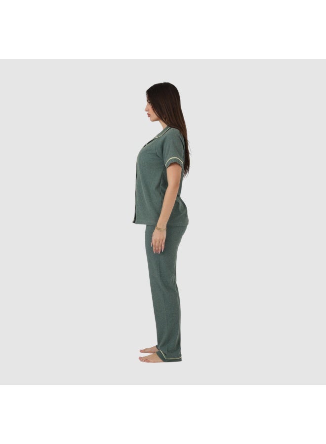 ZECOTEX Premium Cotton Pajama Set - Button-Down Short Sleeve Top & Pants - Classic Loungewear with Piping - Olive Green - Image 4