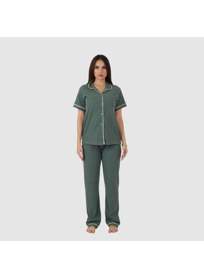 ZECOTEX Premium Cotton Pajama Set - Button-Down Short Sleeve Top & Pants - Classic Loungewear with Piping - Olive Green - Image 1