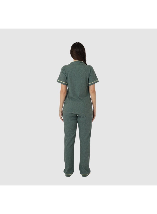 ZECOTEX Premium Cotton Pajama Set - Button-Down Short Sleeve Top & Pants - Classic Loungewear with Piping - Olive Green - Image 2