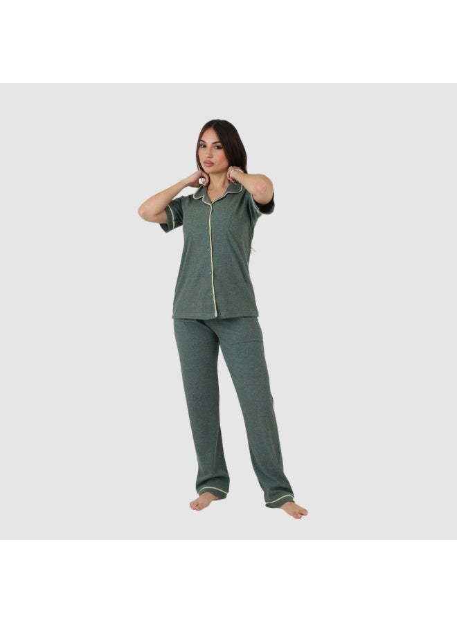 ZECOTEX Premium Cotton Pajama Set - Button-Down Short Sleeve Top & Pants - Classic Loungewear with Piping - Olive Green - Image 3