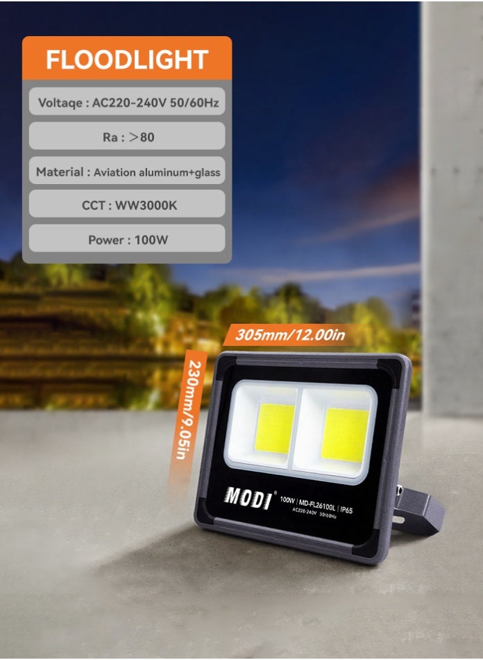مودي كشاف LED MODI بقوة 100 وات مع أبيض دافئ 3000 كلفن، إضاءة أمان خارجية 10000 لومن، مقاوم للماء IP65، إضاءة صناعية للفناء والحديقة والملعب - Image 2