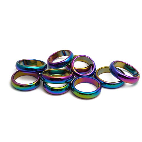 Morchic 10Pcs Pack Rainbow Hematite Stone Rings for Women & Men, Unisex Plain Band Set (6mm Width) - Mixed Sizes 6-12, Chakra Balancing, Polished Gemstone, Gift Ready - Image 1
