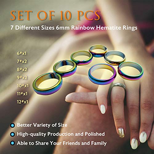 Morchic 10Pcs Pack Rainbow Hematite Stone Rings for Women & Men, Unisex Plain Band Set (6mm Width) - Mixed Sizes 6-12, Chakra Balancing, Polished Gemstone, Gift Ready - Image 3