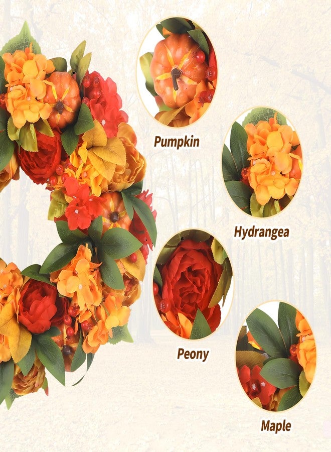 lokeisna 18In Fall Wreaths for Front Door, Bright Pumpkin Hydrangea Wreath, Peony Wreaths for Front Door Indoor Outdoor Autumn Harvest Thanksgiving Décor - Image 3