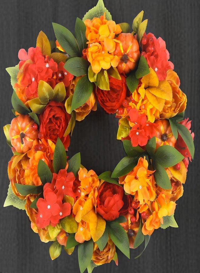 lokeisna 18In Fall Wreaths for Front Door, Bright Pumpkin Hydrangea Wreath, Peony Wreaths for Front Door Indoor Outdoor Autumn Harvest Thanksgiving Décor - Image 1