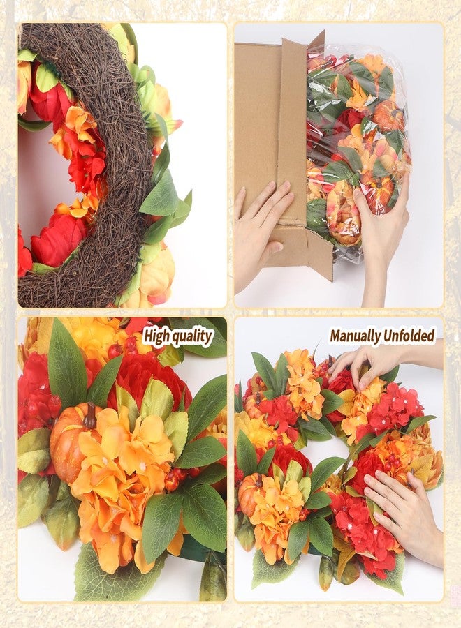 lokeisna 18In Fall Wreaths for Front Door, Bright Pumpkin Hydrangea Wreath, Peony Wreaths for Front Door Indoor Outdoor Autumn Harvest Thanksgiving Décor - Image 4