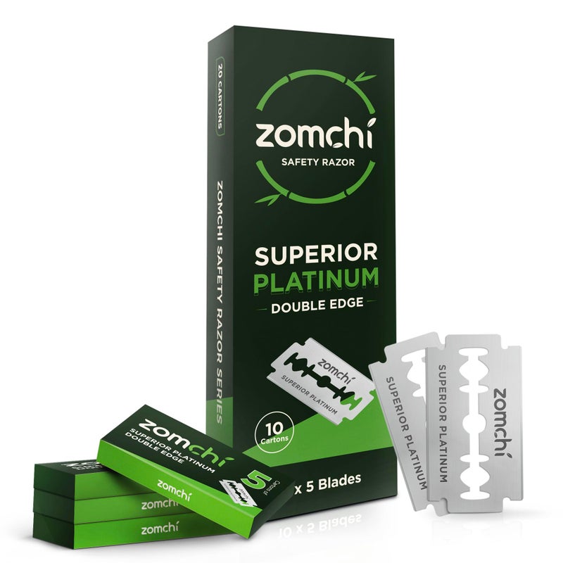 zomchi Double Edge Razor Blades, 50 Counts Safety Razor Blades for Shaving, Platinum Stainless Steel Shaving Blades for Men and Women, Fits All Standard Double Edge Razors - Image 1