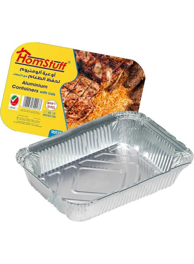 HomStuff Aluminium Foil Container with Lid 83185 (1850 ml), Pack of 10 pcs, Aluminium Disposable container | Parcel Box | Packaging Hot/Dry Foods | Freezer Containers for Takeaway Food Packaging