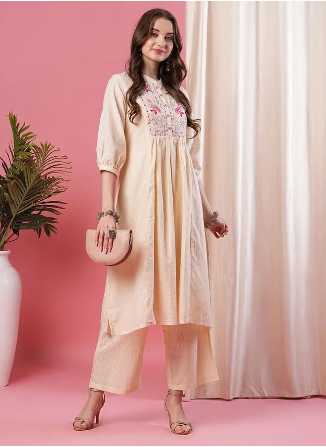 globus Globus Women Off White Embroidered Mandarin Collar A-Line Kurta Set with Palazzo by Styli