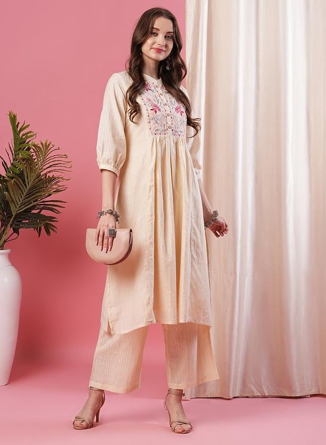 Globus Embroidered Mandarin Collar A-Line Kurta with Palazzo Set - Image 1