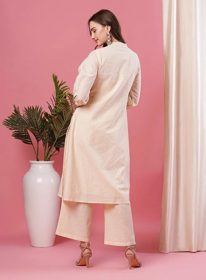 Globus  Embroidered Mandarin Collar A-Line Kurta With Palazzo Set for Women | Best Price UAE