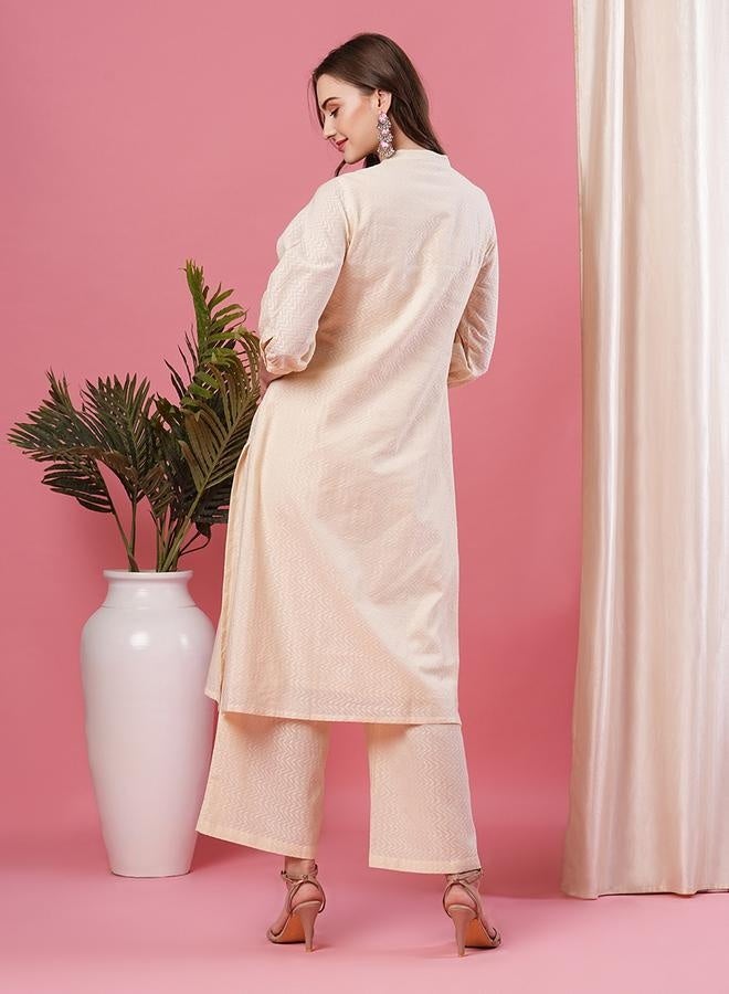 Globus Embroidered Mandarin Collar A-Line Kurta with Palazzo Set - Image 3