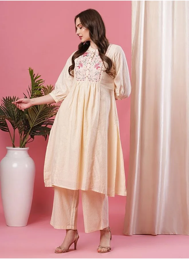globus Globus Women Off White Embroidered Mandarin Collar A-Line Kurta Set with Palazzo by Styli