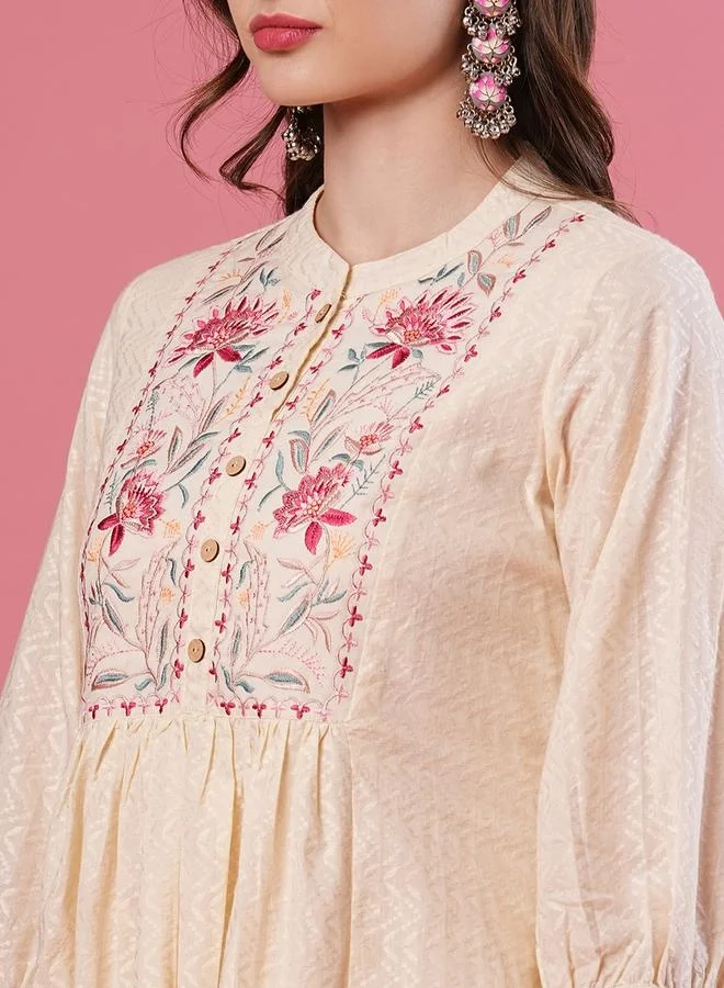 Globus  Embroidered Mandarin Collar A-Line Kurta With Palazzo Set for Women | Best Price UAE