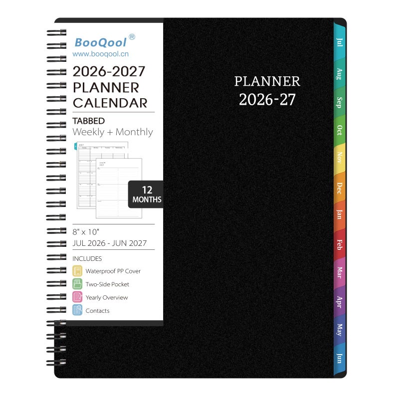 BooQool Planner 2026-2027 - Academic Planner 2026-2027 Weekly and Monthly from Jul. 2026 - Jun. 2027, 8" x 10", Wirebound, 12 Monthly Tabs, Flexible PP Cover, Suitable for School & Office, Enterprise - Image 1