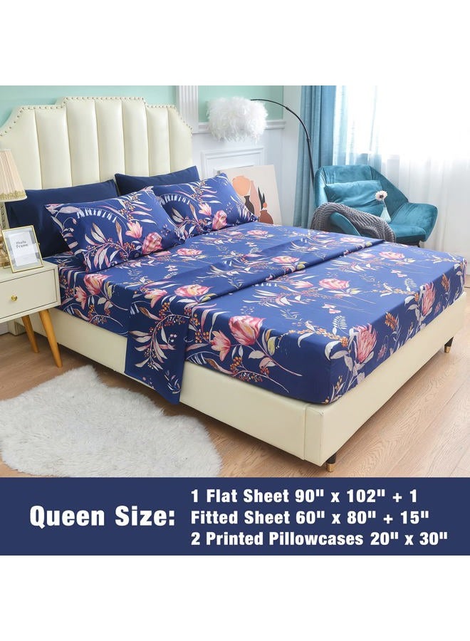 JSD Navy Floral Sheet Set Cal King, 4 Piece Printed Microfiber Sheets Extra Deep Pocket Wrinkle Free - Image 3