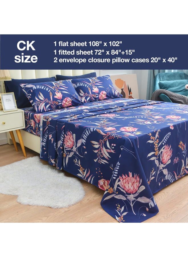 JSD Navy Floral Sheet Set Cal King, 4 Piece Printed Microfiber Sheets Extra Deep Pocket Wrinkle Free - Image 5