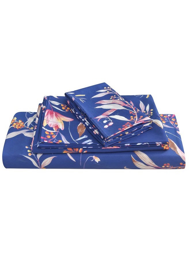 JSD Navy Floral Sheet Set Cal King, 4 Piece Printed Microfiber Sheets Extra Deep Pocket Wrinkle Free - Image 1