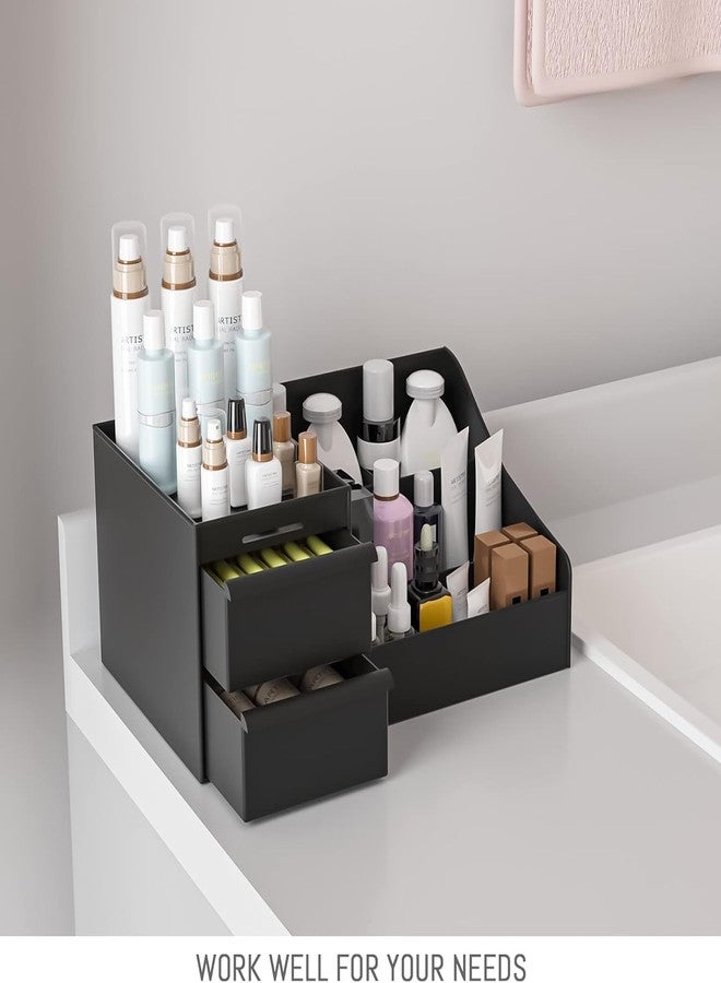 ROARIFY Makeup Organizer with Drawers – Plastic Cosmetic Storage Box for Vanity, Skincare, Lipstick & Brushes, Multipurpose Countertop Organizer for Home & Office (Black) - Image 3