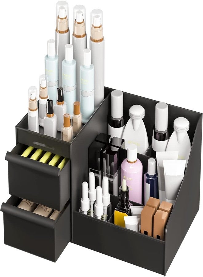 ROARIFY Makeup Organizer with Drawers – Plastic Cosmetic Storage Box for Vanity, Skincare, Lipstick & Brushes, Multipurpose Countertop Organizer for Home & Office (Black) - Image 1