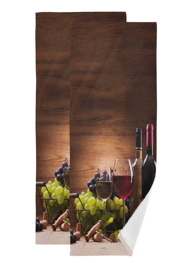 HATESAH 2 Pack Red Wine Hand Towels for Bathroom,Soft Absorbent Green Grapes Glasses of Wine Brown Wooden Planks Farmhouse Decorative Guest Bathroom Towels,Quick Dry Dish Kitchen Towels 14"x28" - Image 1