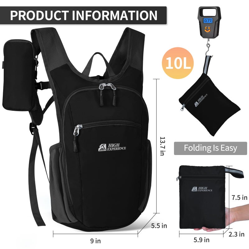 HIGH EXPERIENCE Hiking Backpack 10L/15L Small Daypack Lightweight Packable Travel Foldable Water Resistan for Women Men (Black, 10L) - Image 3