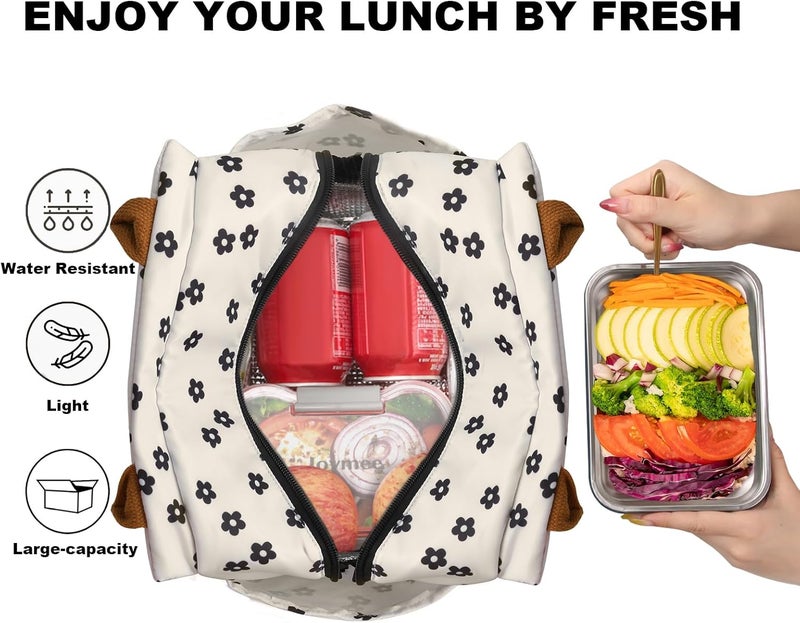 Joymee Lunch Bag Women Insulated Lunch Box Reusable Leakproof Large Spacious Cooler Tote for Women Men Adult with Bottle Holder and Side Pockets for Work Office Travel Picnic - Black Little Floral - Image 3