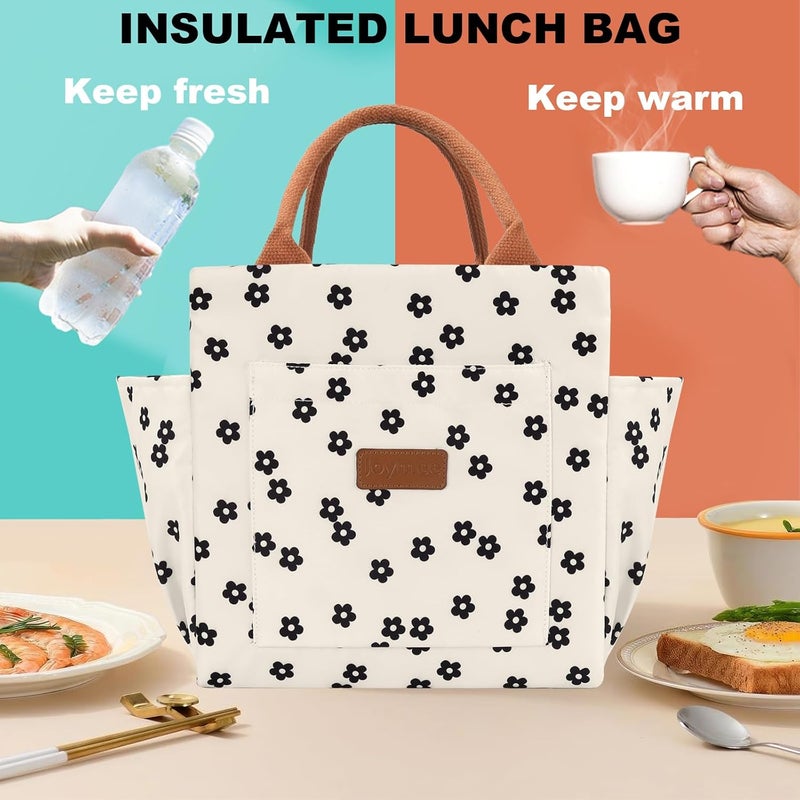 Joymee Lunch Bag Women Insulated Lunch Box Reusable Leakproof Large Spacious Cooler Tote for Women Men Adult with Bottle Holder and Side Pockets for Work Office Travel Picnic - Black Little Floral - Image 2