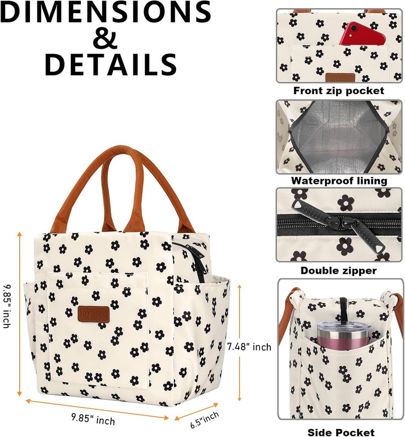 Joymee Lunch Bag Women Insulated Lunch Box Reusable Leakproof Large Spacious Cooler Tote for Women Men Adult with Bottle Holder and Side Pockets for Work Office Travel Picnic - Black Little Floral - Image 5