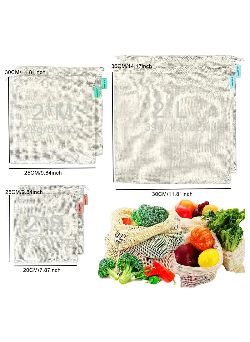 6-Pack Reusable Cotton Mesh Produce Bags with Drawstring for Fruits and Vegetables (2S/2M/2L)