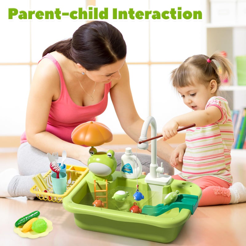 CUTE STONE Play Sink with Running Water, Kitchen Sink Toys with Upgraded Electric Faucet, Play Kitchen Toy Accessories, Pool Floating Fishing Toys for Water Play, Kids Role Play Dishwasher Toy - Image 2