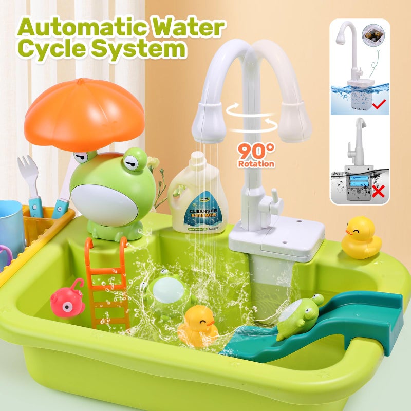 CUTE STONE Play Sink with Running Water, Kitchen Sink Toys with Upgraded Electric Faucet, Play Kitchen Toy Accessories, Pool Floating Fishing Toys for Water Play, Kids Role Play Dishwasher Toy - Image 3