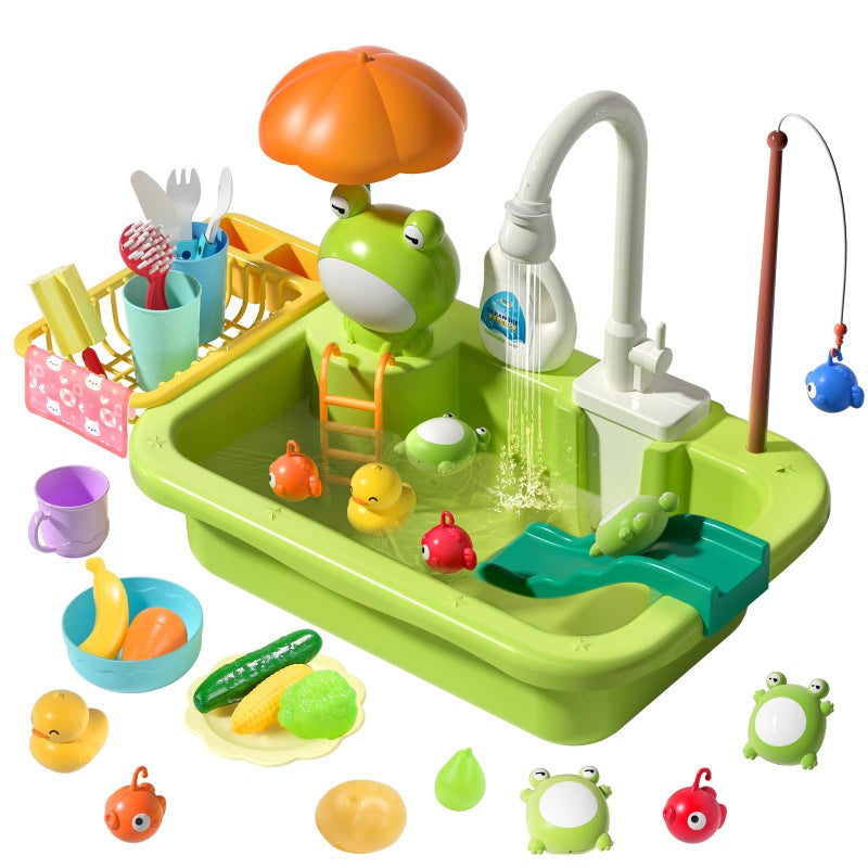 CUTE STONE Play Sink with Running Water, Kitchen Sink Toys with Upgraded Electric Faucet, Play Kitchen Toy Accessories, Pool Floating Fishing Toys for Water Play, Kids Role Play Dishwasher Toy - Image 1
