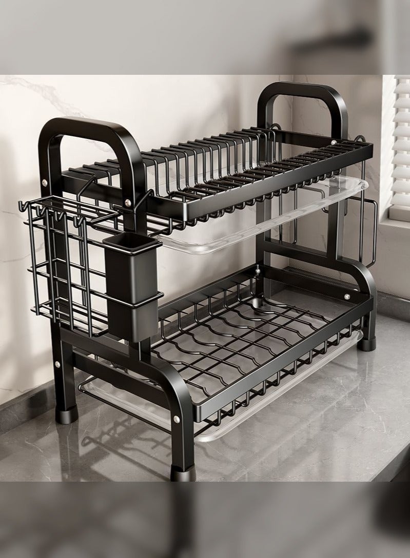 هايدو Dish Drying Stand, Dish Rack,2-Tier Dish Rack with Drain Trays Kitchen Accessories Organizer, Large Capacity Kitchen Rack with Utensil and Cutting  - Image 4