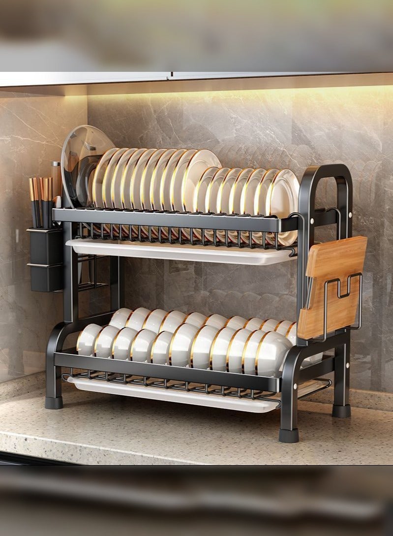 هايدو Dish Drying Stand, Dish Rack,2-Tier Dish Rack with Drain Trays Kitchen Accessories Organizer, Large Capacity Kitchen Rack with Utensil and Cutting  - Image 2
